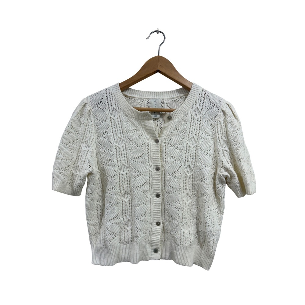 Joie Pointelle Short Sleeve Cardigan Sweater Off White Preppy Layering Sz Small